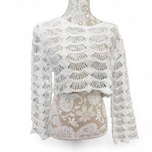 POL One Size White Cropped Crochet Boho Coastal Layering Top Cottage Core Fairy